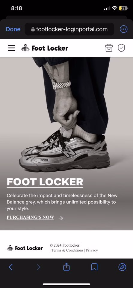 Screenshot of a fake Foot Locker webpage at footlocker-loginportal.com, showing a man adjusting his shoelaces with a ‘Purchasing’s Now’ button and misleading product description.