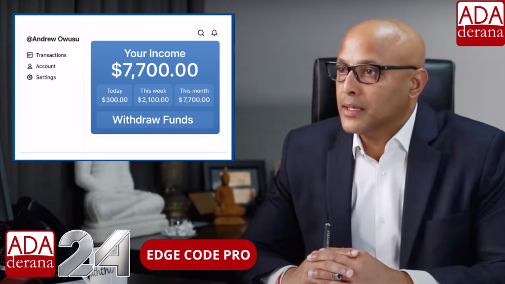 Fake income dashboard showing $7,700 earned in a week with Edge Code Pro, overlaid on a fake interview.