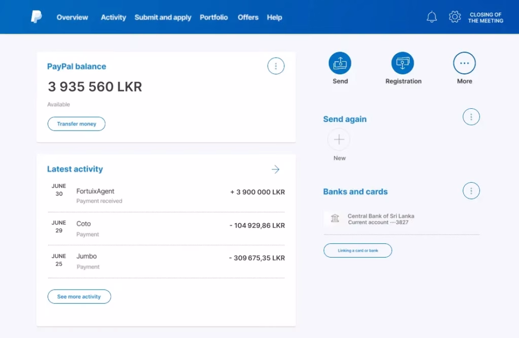 PayPal interface faked to show a Rs. 3.9 million deposit from FortuixAgent
