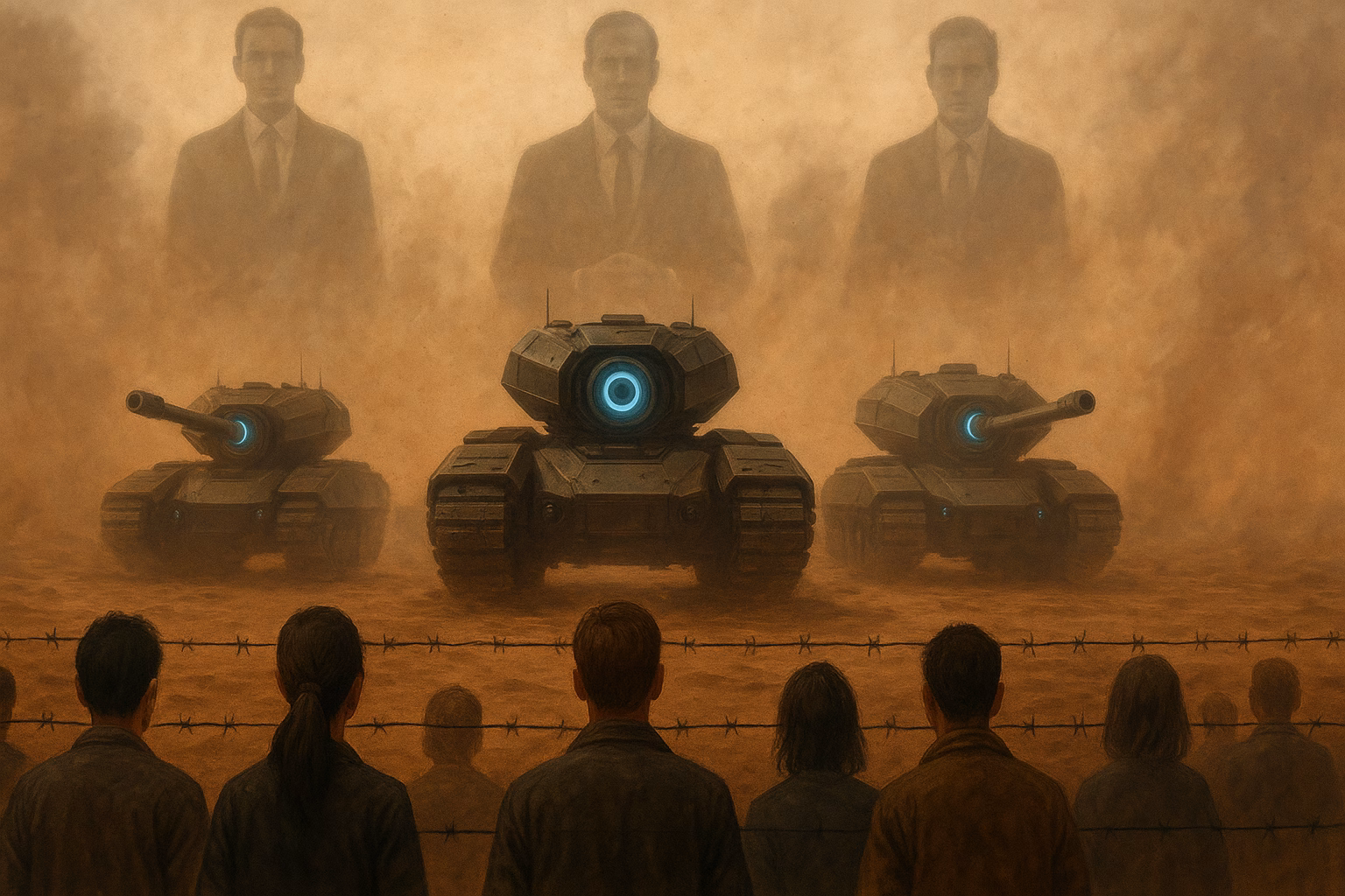 A first-person perspective digital painting showing civilians standing in front of a barbed-wire fence, facing three large futuristic AI-powered tanks approaching head-on. In the dusty sky above, giant ghostly figures of men in suits loom, symbolizing corporate control over the AI forces.