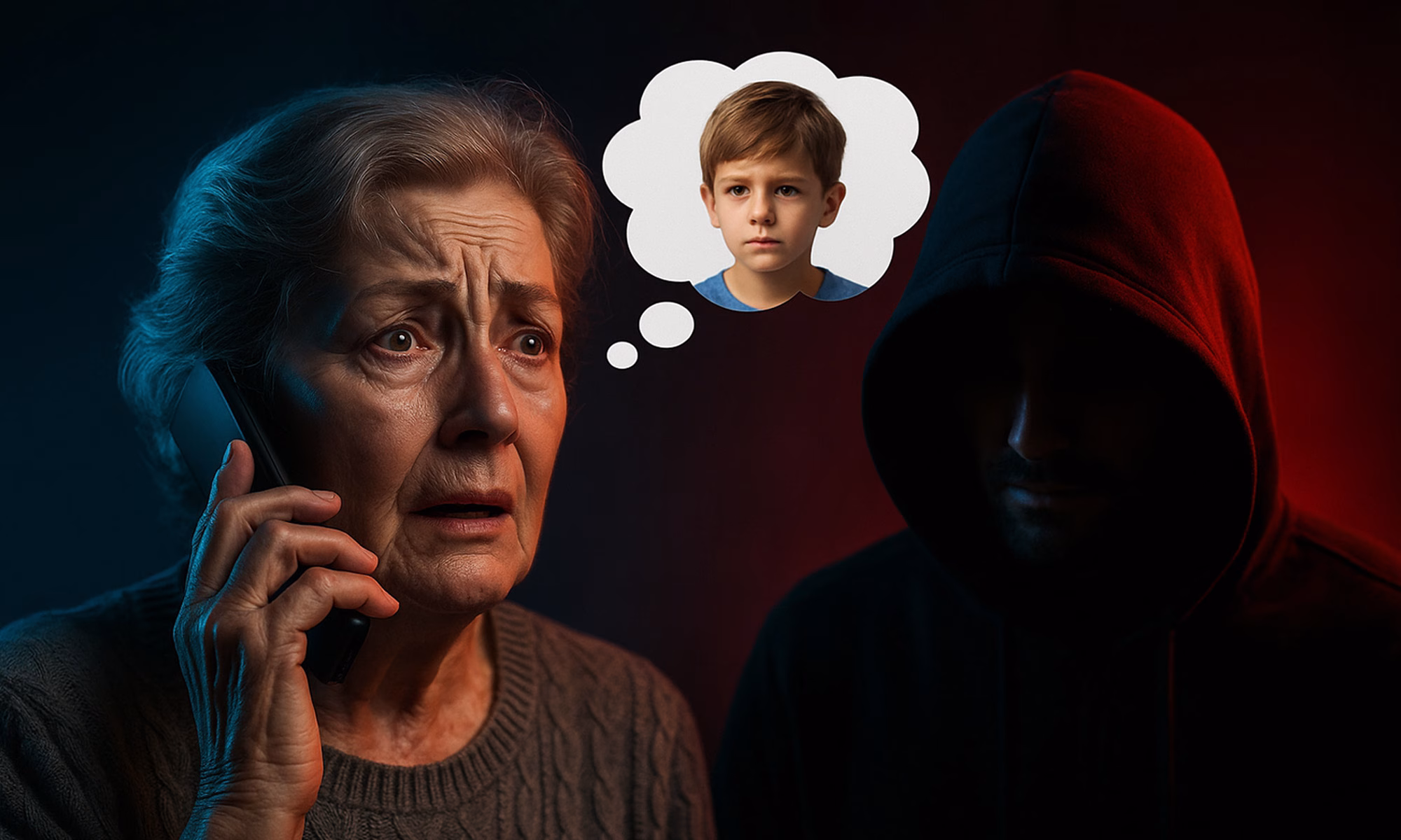 A realistic photo of an elderly woman with grey hair, looking distressed while holding a phone to her ear. She is lit with cool blue lighting. Beside her, a hooded man in shadow and red lighting represents a scammer. Above the woman’s head is a thought bubble showing the worried face of a young boy, symbolizing a family member the scammer is pretending to threaten or reference.