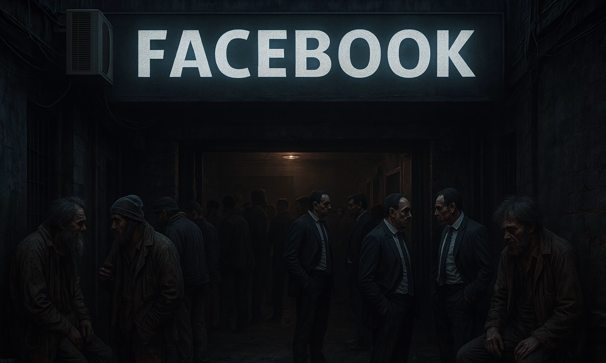 Ultra realistic scene of scammers gathering in a dark alley under a glowing Facebook sign, symbolizing Facebook as a scam marketplace.