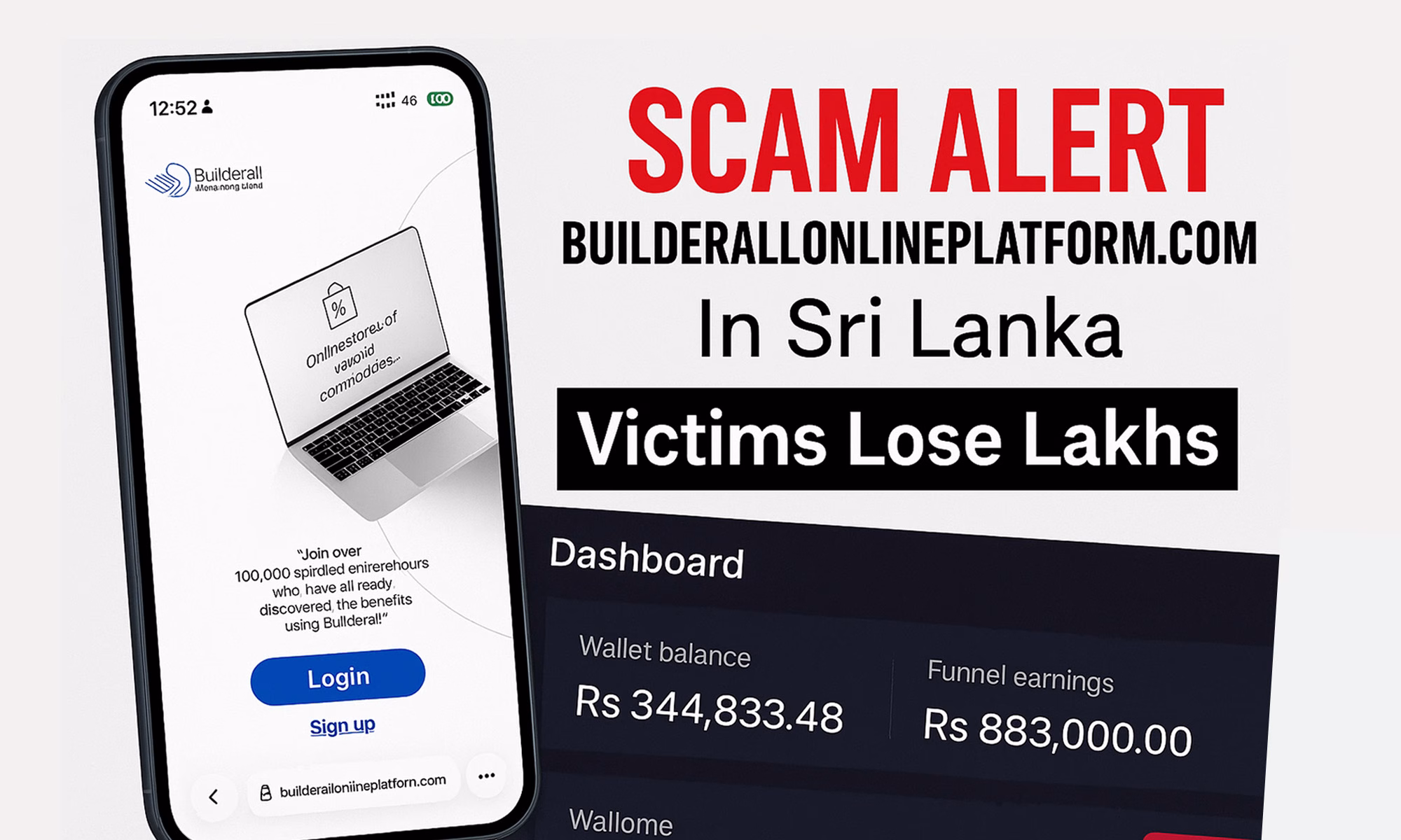 BuilderallOnlinePlatform.com scam alert poster in Sri Lanka, warning that victims lose lakhs through fake dashboards and deposits.