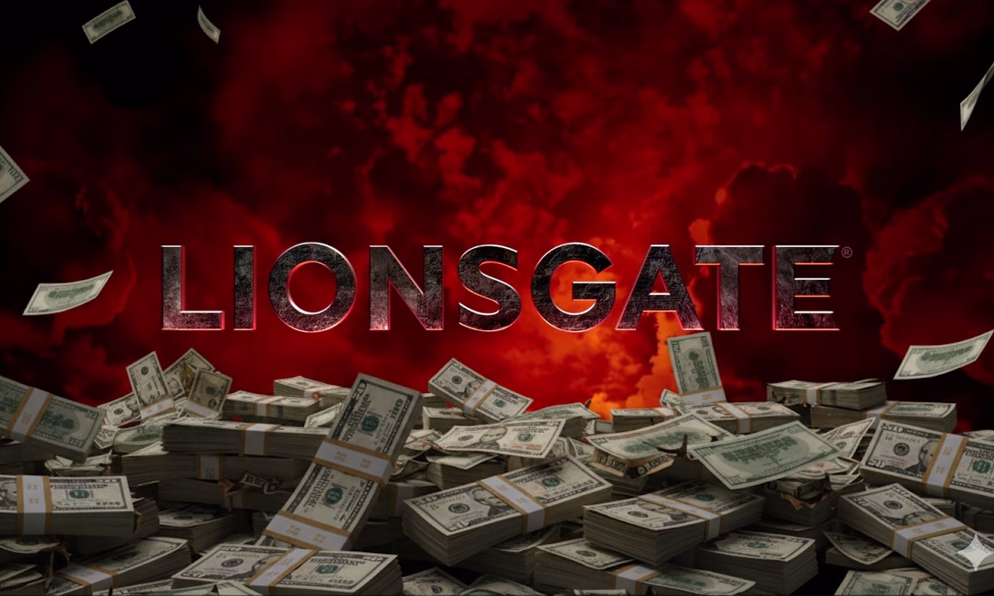 Lionsgate scam in Sri Lanka illustration with the Lionsgate logo over a dark red background and piles of US dollar bills, symbolizing fake money and fraudulent ticketing investments.