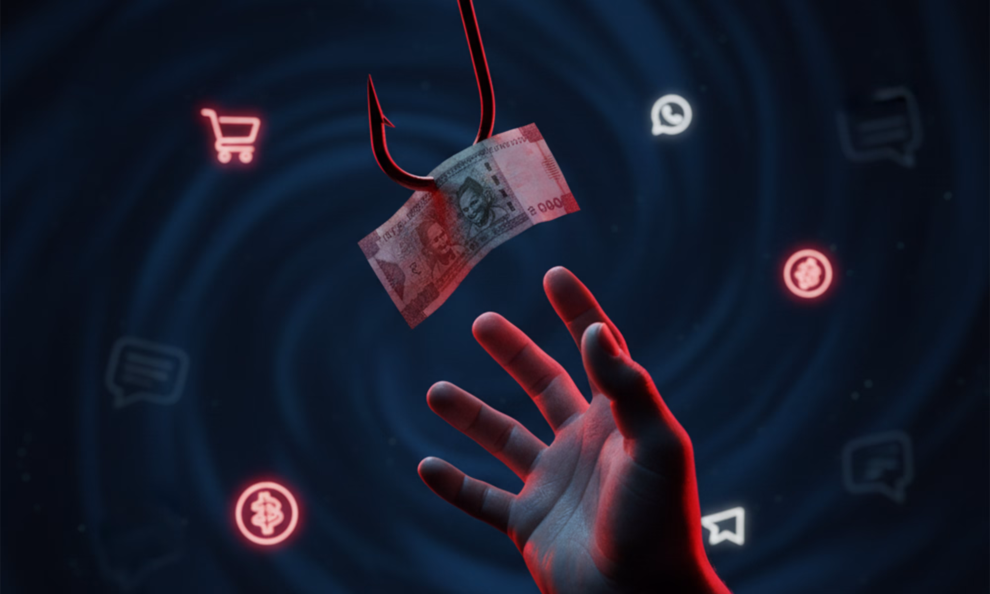 A cash note hanging from a red fishing hook, just out of reach of a hand, with shopping cart, chat, and WhatsApp icons glowing in the dark background — symbolizing the Daraz task scam and fake Binance trading trap.