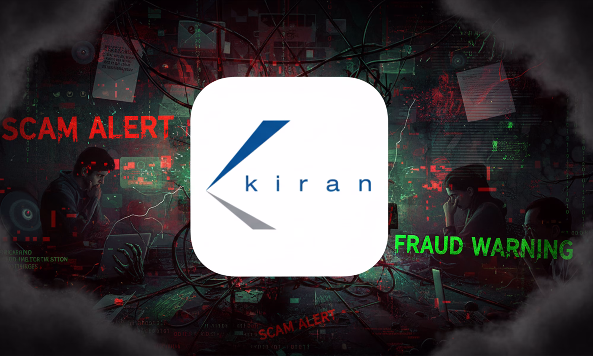 Graphic showing Kiran Gems logo with “Scam Alert” and “Fraud Warning” backgrounds, illustrating the Kiran Gems scam targeting Sri Lanka.