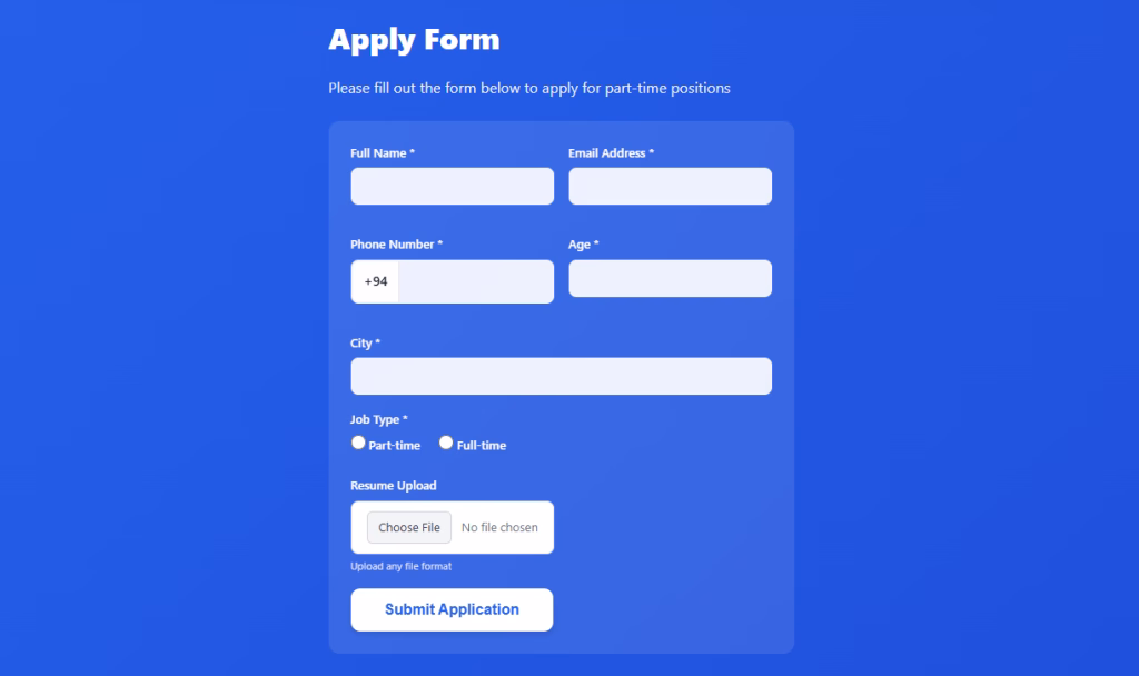 LankaWorkforce application form collecting name, email, phone number, age, city, job type, and resume upload.