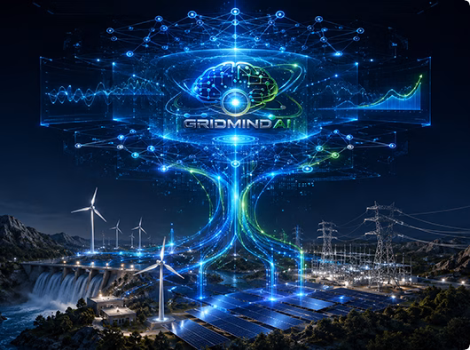 GridMind AI branded promotional scene combining a dam, wind turbines, solar panels and digital networks
