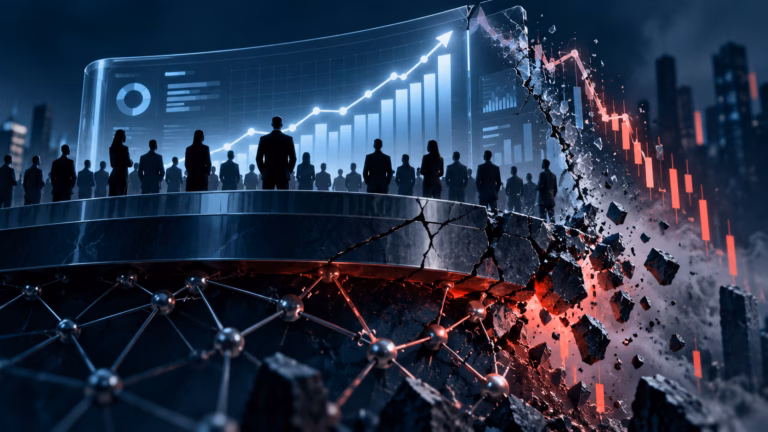 Digital investment dashboard rising before a network and financial chart collapse