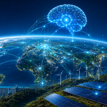 GMS promotional artwork showing a glowing brain above Earth, wind turbines and solar panels